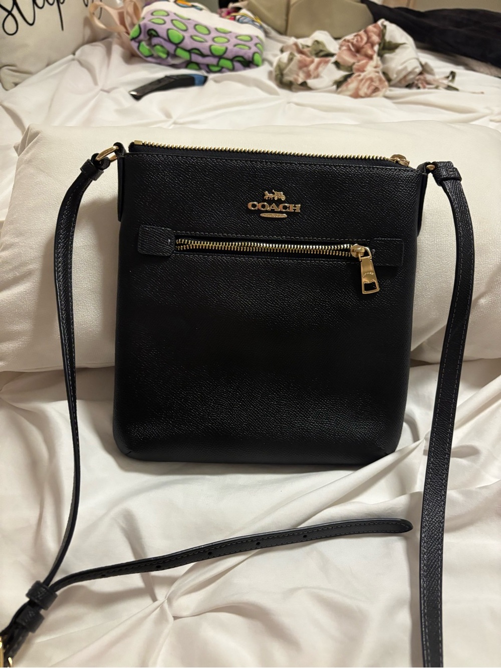 Coach Black Leather Crossbody with Gold-Tone Accents